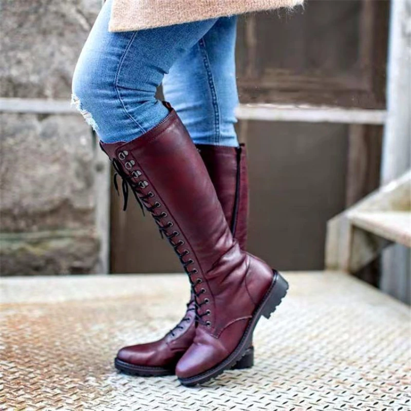 

Knights Women's Boots Flat Bottomed Boots Autumn Winter New Round Head Side Zipper Large Square Heel Long Leg High Tube Boots