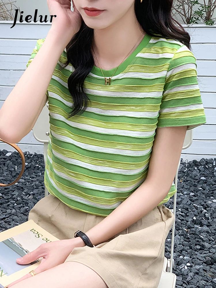 

Футболка Jielur Женская хлопковая в полоску, Повседневная Базовая Свободная рубашка, топ, одежда лето 2022