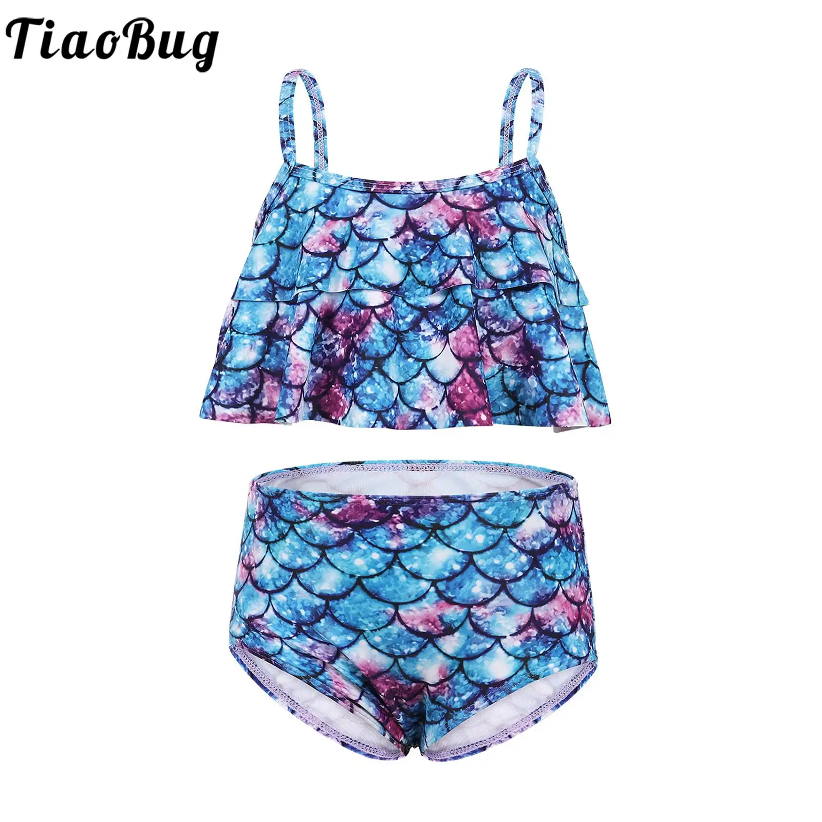 

Купальник-танкини для девочек, комплект для плавания из 2 предметов, с принтом русалки, с воланом и регулируемыми бретелями, укороченные топы и трусики, пляжный купальный костюм