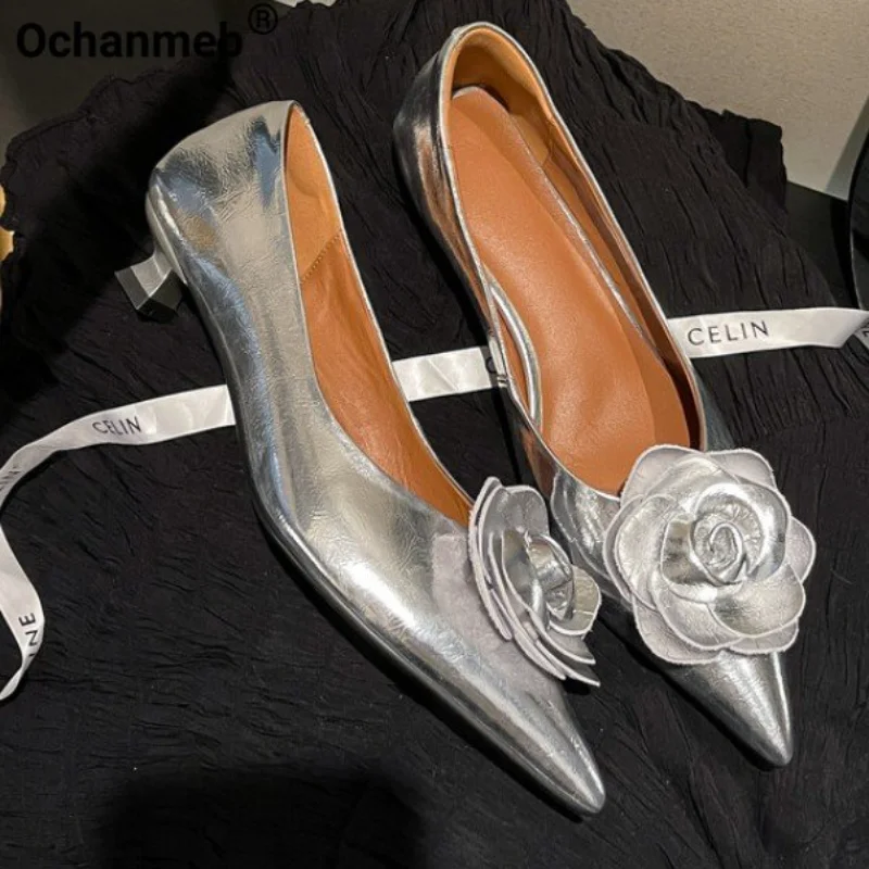 

Туфли-лодочки Ochanmeb женские из натуральной кожи, роскошные брендовые, с цветочным принтом, на низком каблуке, с острым носком, офисные туфли на каблуке, золотистые, серебристые, 33-42
