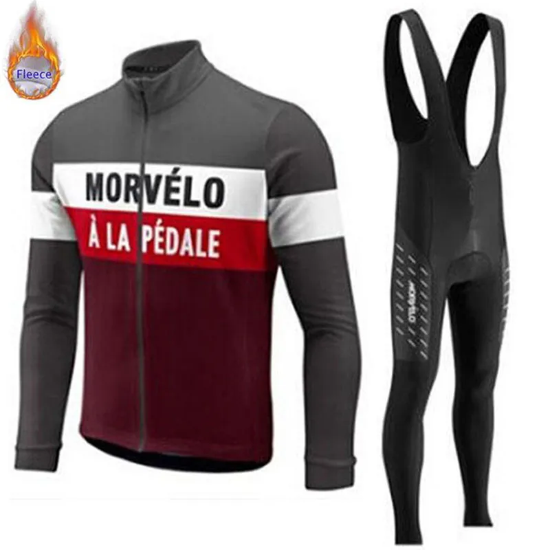 

MORVELO Team Winter Thermal Fleece Cycling Clothes Men Long Sleeve Jersey Suit Outdoor Riding Bike MTB Clothing Bib Pants Set