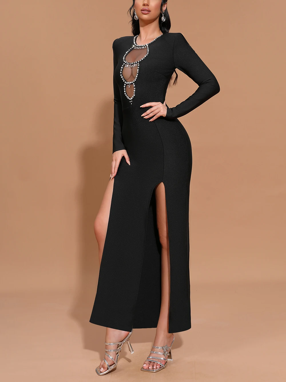 Роскошное Сетчатое платье в стиле Саудовской Аравии с черными стразами