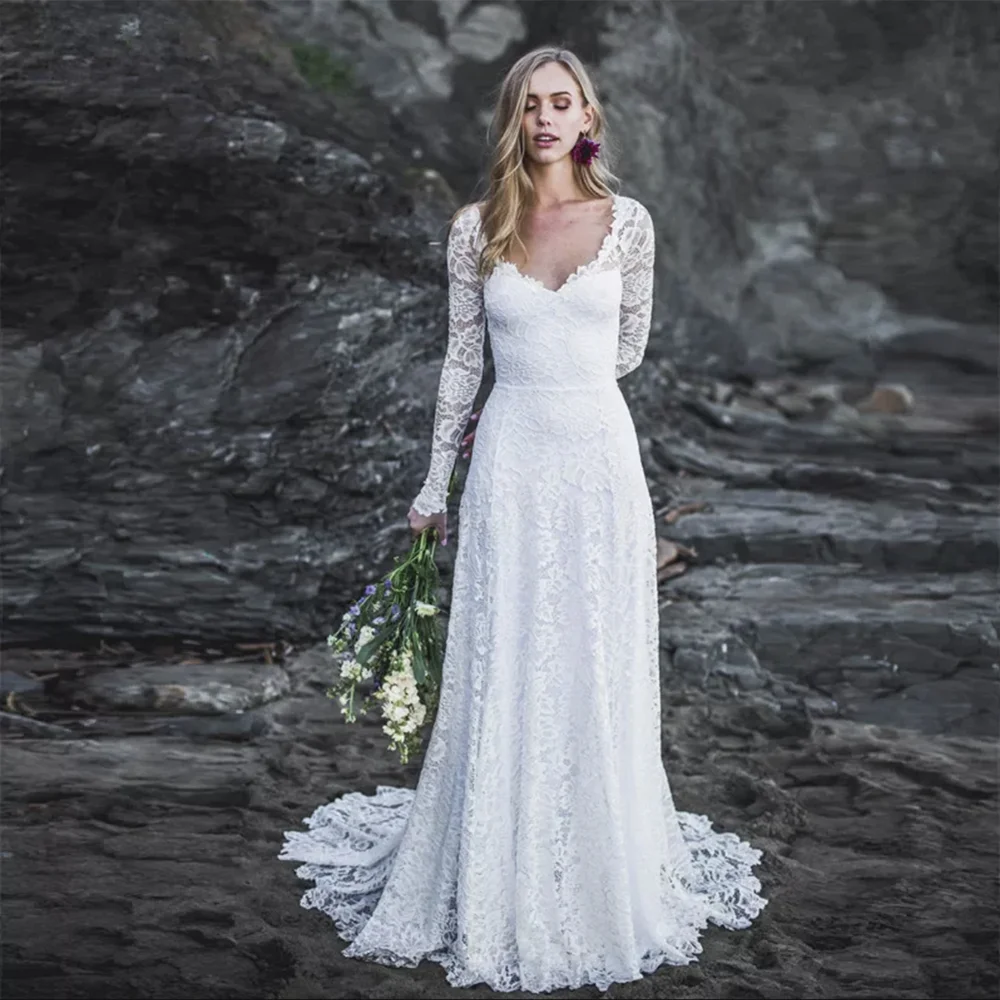 

Elegant Lace Wedding Dress A-Line Long Sleeve V-Neck Backless Tulle Sweep Train Bridal Gown Vestidos De Noiva