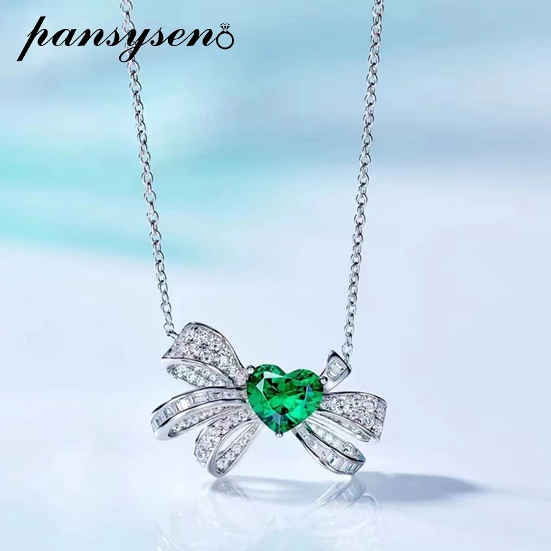 

PANSYSEN Luxury 925 Sterling Silver Heart Cut Emerald Gemstone Bowknot Pendant Necklace Women Anniversary Party Fine Jewelry