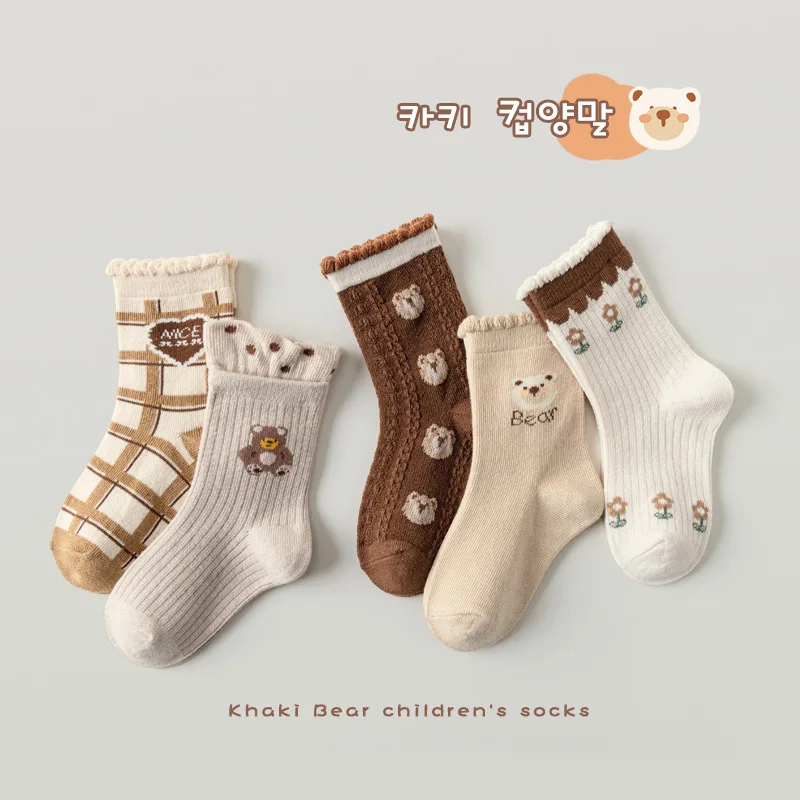5 Pairs Children Socks Kids Girls Paisley Cartoon Bear Pattern Infant Toddler Socks Boys Newborn Baby Cotton Socks Spring Autumn
