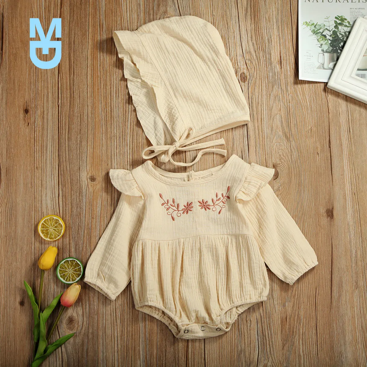 

New 2022 Baby Spring Autumn Clothing born Baby Girl Cotton&Linen Clothes Ruffle Romper Embroidery Jumpsuit Hat 2PCS Outfit