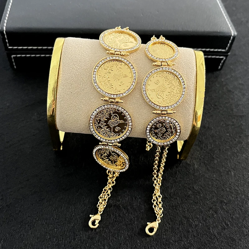 

Herseygold Gold Plated Turkish Coin Bracelet Chain for Women Arabic Totem Charm Bracelets Muslim Wedding Jewelry Bridal Gifts