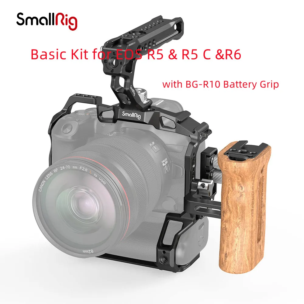 SmallRig DSLR Camera Cage with USB-C Cable Clamp Wooden Handle Cage Rig Kit For Canon EOS R5 / R6 / R5 C 3707
