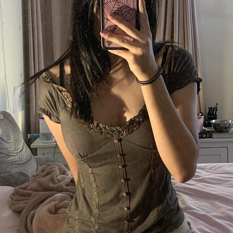 

Летние шикарные корейские Топы y2k, короткий топ с оборками, Милая футболка на пуговицах с коротким рукавом, Женская винтажная Базовая Повсед...