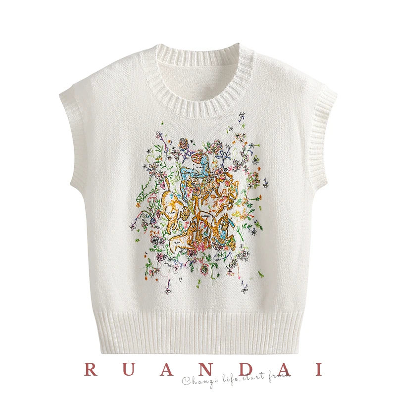 

RUANDAI Colourful Embroidered Deer Sleeveless Knitted Shirt 2022 Summer New Women's Retro Round Neck Tops Free Shipping