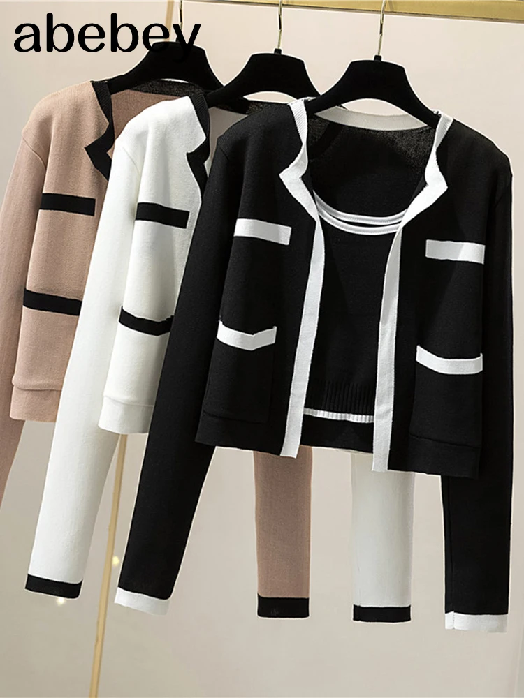

Autumn Winter Fashion Korean Knit Set Women Casual Loose Long Sleeve Cardigan+Sleeveless Slim Strap Tops Two Piece Set