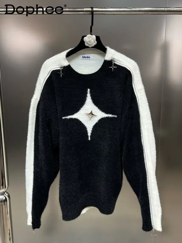 

Осенние Новые поступления, свободный свитер с длинным рукавом и круглым вырезом, с металлическими булавками, черный, белый, в стиле пэчворк, ...