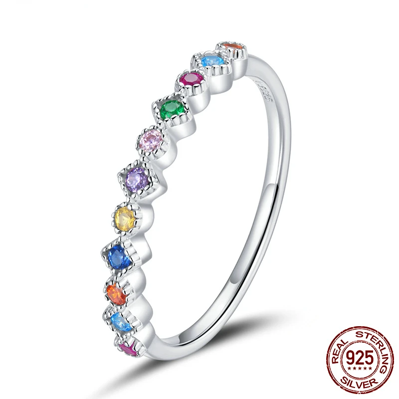 

Real 925 Sterling Silver Stackable CZ Finger Ring For Women Rainbow Ring Party Fine Jewelry Gift Anel