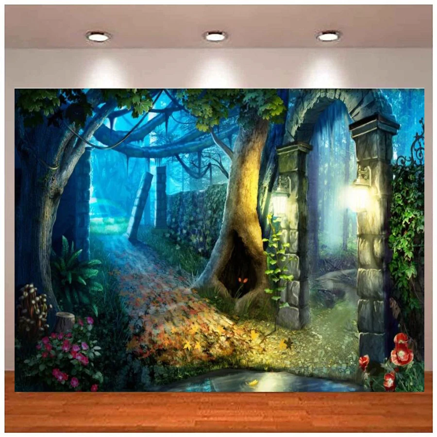 

Photography Backdrop Fairytale Green Grass Vine Stone Archdoor Light Tree Kid Scenic Photo Background Photocall Studio