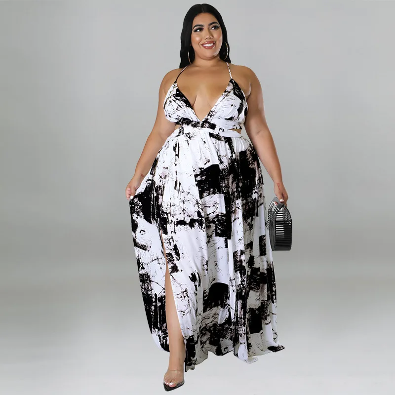 2022  Summer  New  Sexy  Suspenders Women's Backless Ink Printing V-neck Plus Size Dress Slits Long Skirt Party Women's Clothing