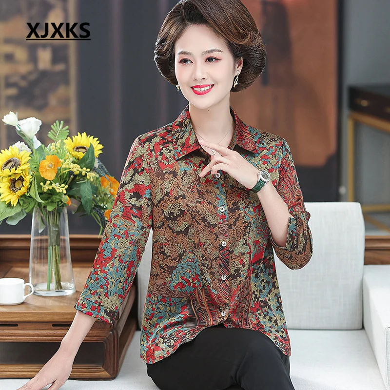 

XJXKS, Новинка осени 2022, однобортный Кардиган с отложным воротником и рукавами три четверти, женские рубашки, высококачественные повседневные блузки с принтом