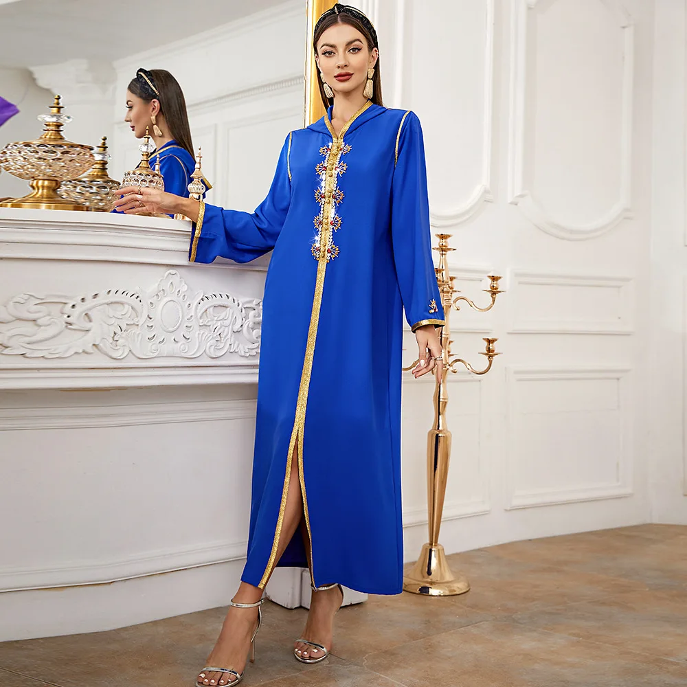 Maxi Dress Islamic Jellaba Gold Webbing Hand-stitched Rhinestone Dress Dubai Hijab Morocca Kaftan Hooded 2022 Fashion Elegant