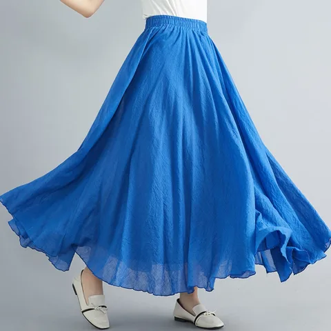 Винтажная льняная юбка-макси в стиле бохо, длинная Повседневная хлопковая пляжная юбка-трапеция в стиле ампир, льняная одежда, 14 цветов