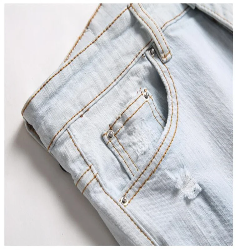 European goods jeans mens trousers ripped embroidery five-pointed star trend elastic slim-fit pencil pants all-match джинсы