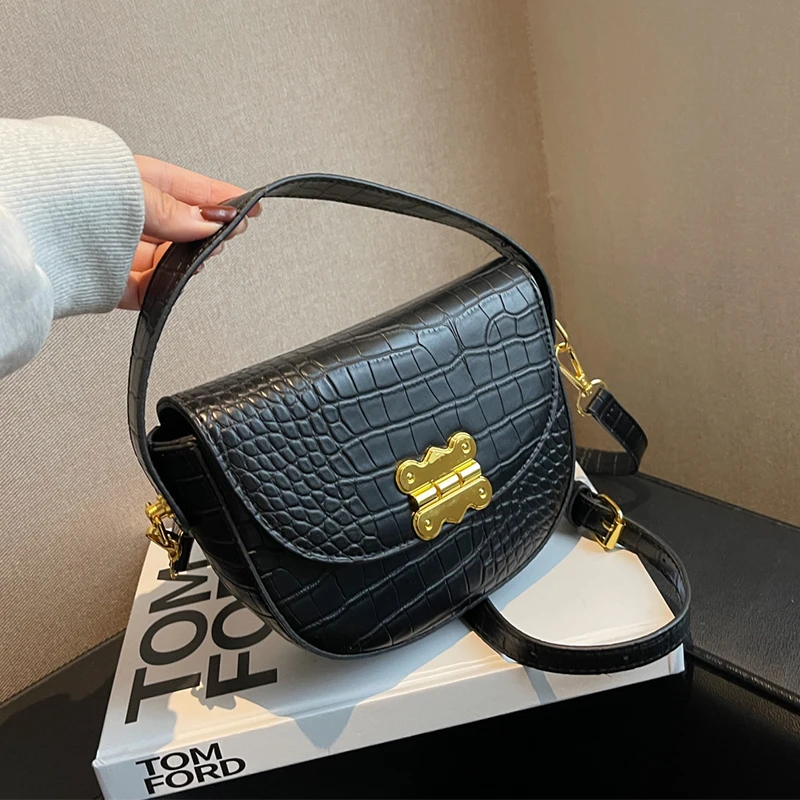 

Mini Women's Bag Designer Semicircle Saddle Shoulder Bag Handbag Clutches Retro Crocodile Pattern Crossbody Bag Top Handle Tote
