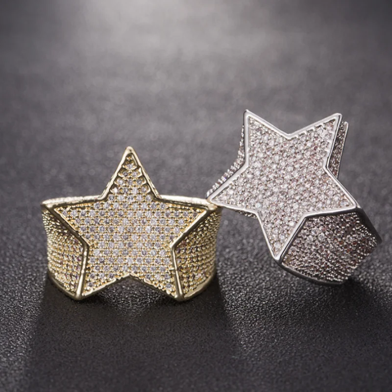 

Milangirl New Hip Hop Rock Five Star Rings Men Luxury Gold Silver Color Rhinestones Zircon Pentagram Rings Women Wedding Party