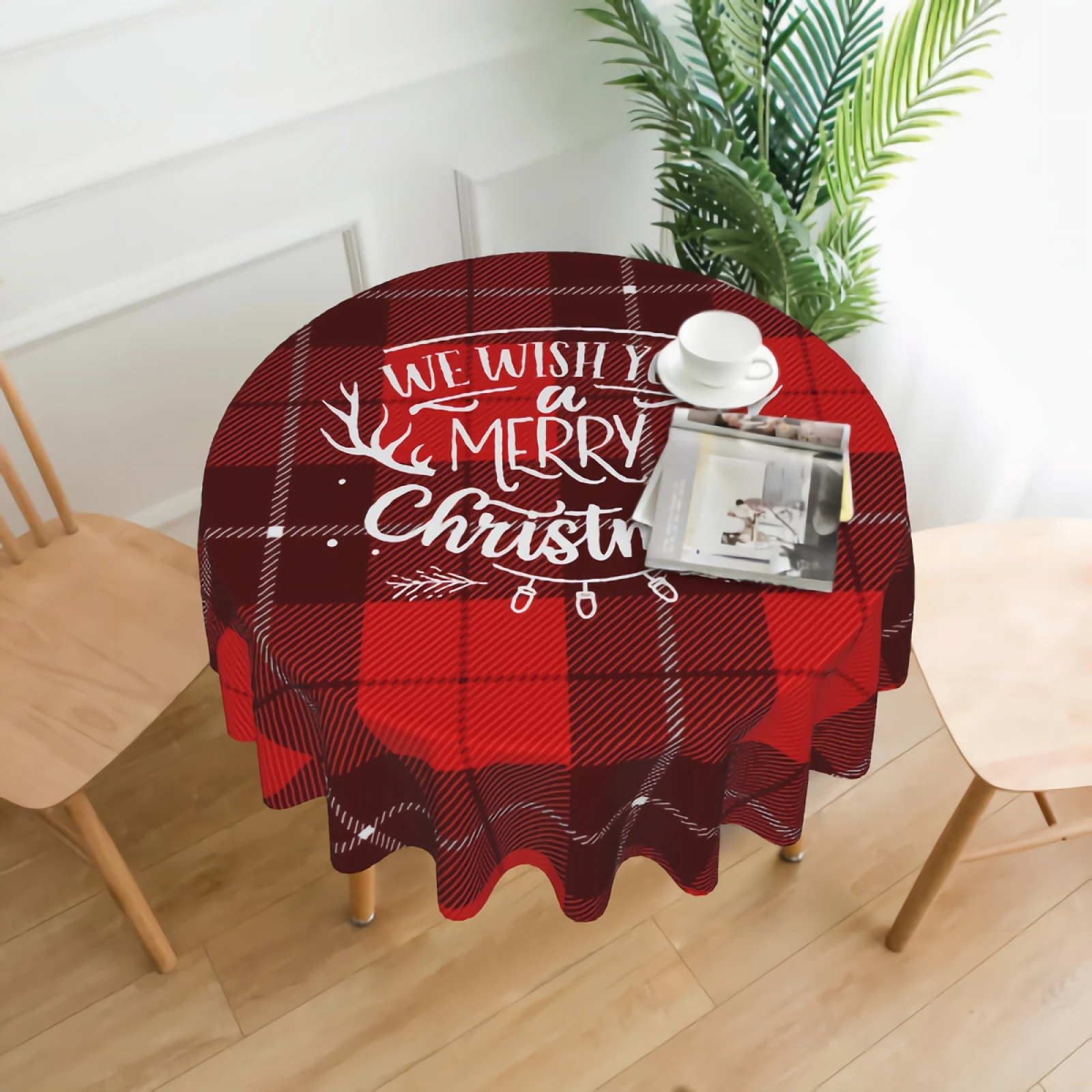 

Tartan Check-Plaid Red Merry Christmas White Round Table Cloth Waterproof Resistant Wrinkle And Washable Table Cover 150 CM