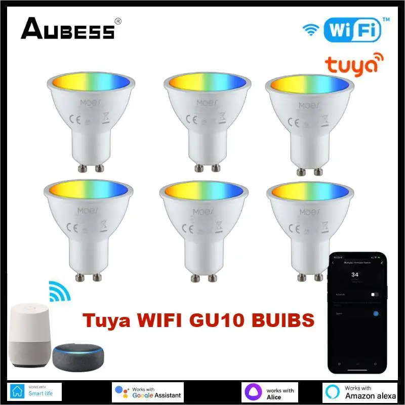 

Aubess Tuya WiFi Smart GU10 Light Bulbs LED Bombilla Inteligente RGBWCW Dimmable Lamp Via Smart Life Alexa Google Home Assistant