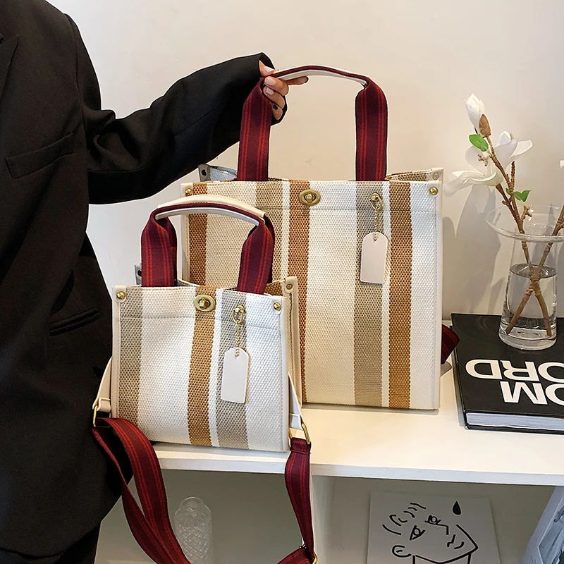 

Качественная Холщовая Сумка-тоут для женщин 2022, роскошная дизайнерская сумка, Большая вместительная полосатая сумка на плечо, большая сумка-тоут для покупок, женская сумка