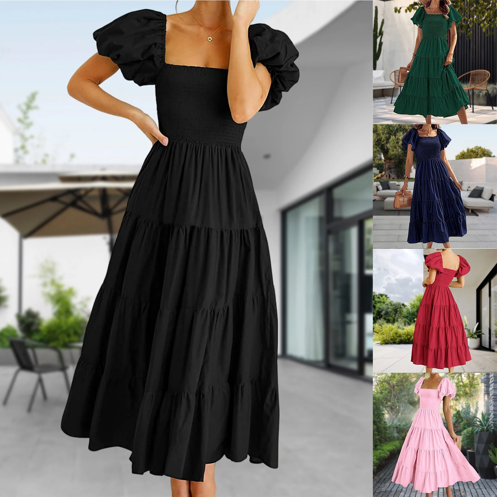 

Women Maxi Dress Short Sleeve Square Neck Party Dresses Puffy Long Bodycon Dress Smocked Tiered Solid Color for Holiday Shopping