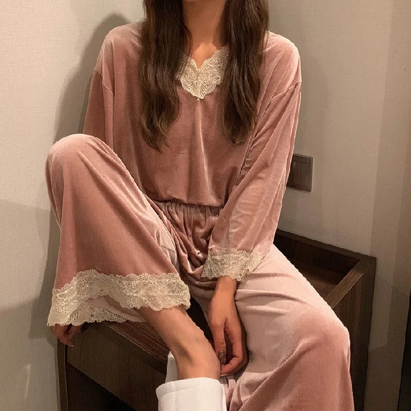 

Winter Warm Pajama Set for Women Long Sleeve Trousers Suits Lace Decor Loose Home Wear Pijama Mujer Invierno Women Pajamas