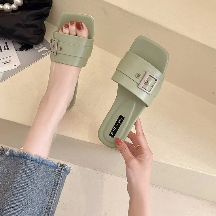 

Flat Shoes Female Lady Woman's Slippers Slides Fashion Girl 2022 Soft Luxury Rubber Basic PU Buckle Strap Flat Shoes Female Wome