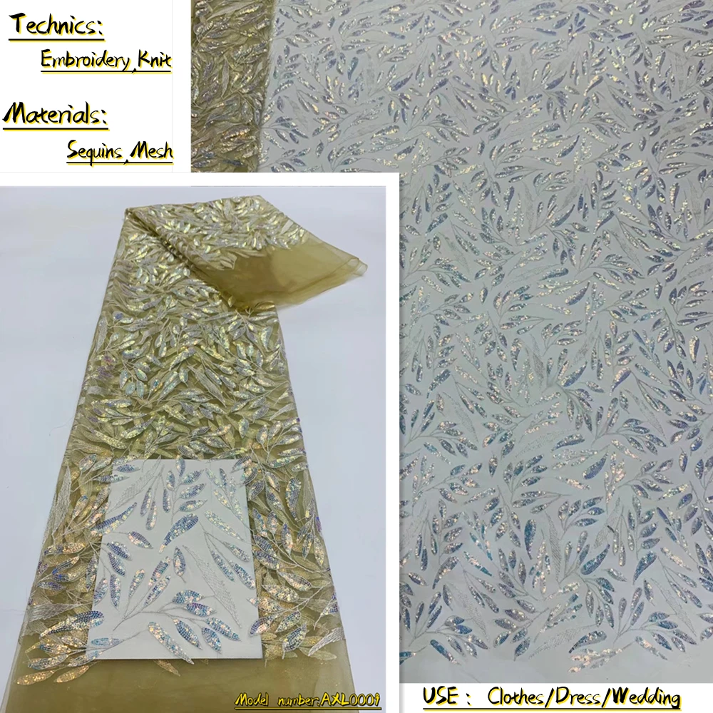 

OEMG French Lace Fabric 5 Yards 2022 High Quality Sequins Tulle Mesh Lace Fabric Material Nigerian For Wedding Dress AXL-0009
