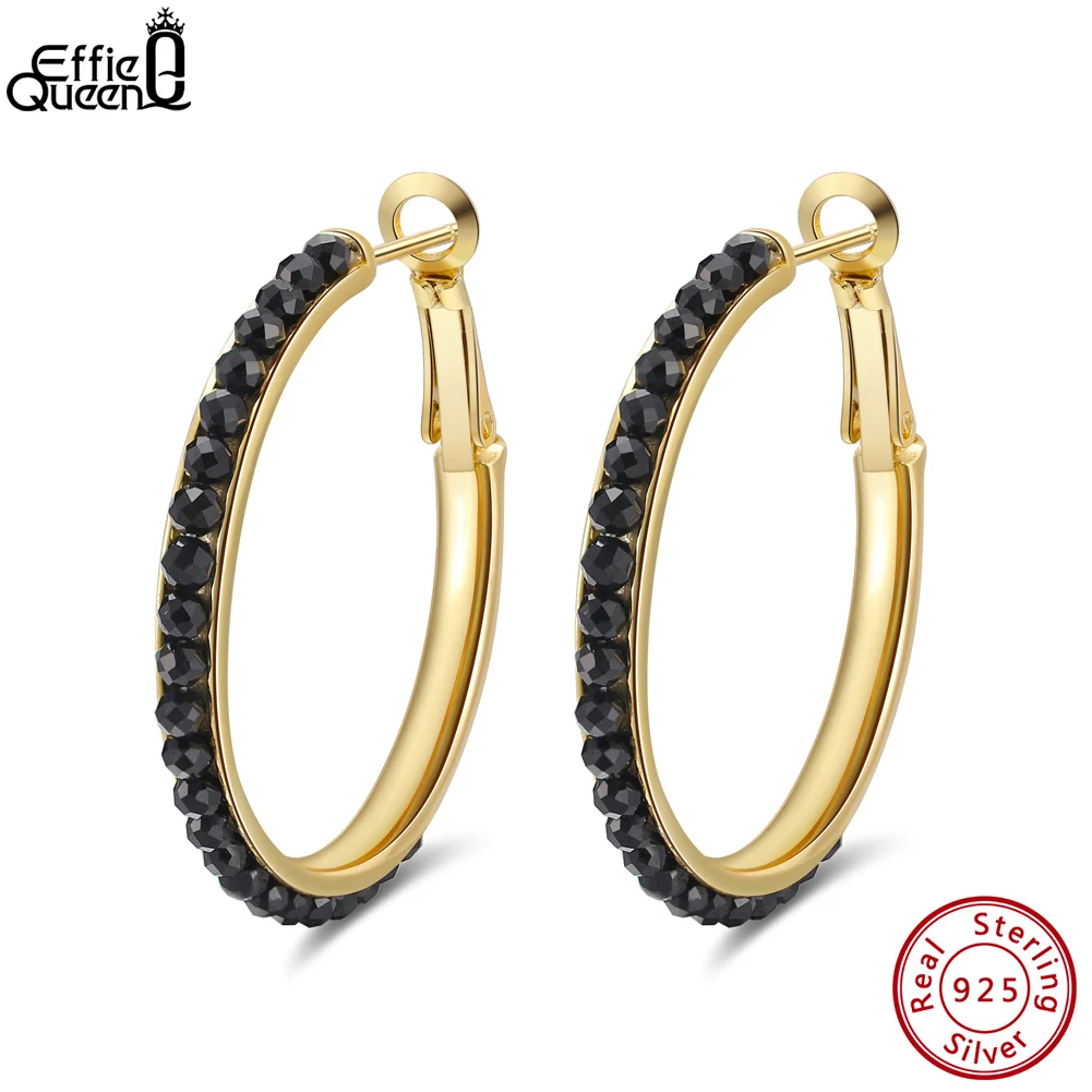 

Effie Queen Natural Black Spinel Handmade 925 Sterling Silver Hoop Earrings for Women 14K Gold Plated Party Earrings GME19