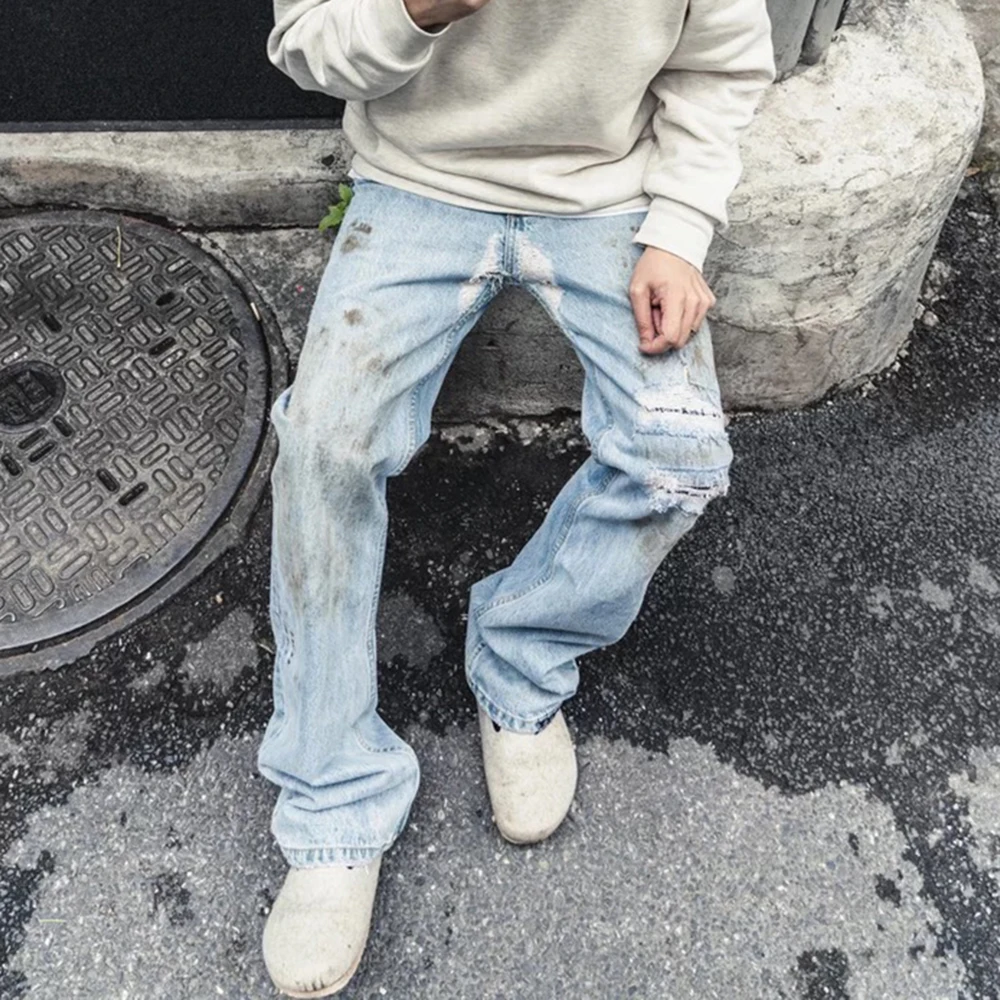 Джинсы мужские в стиле High Street рваные мешковатые брюки из грязного Джинса с