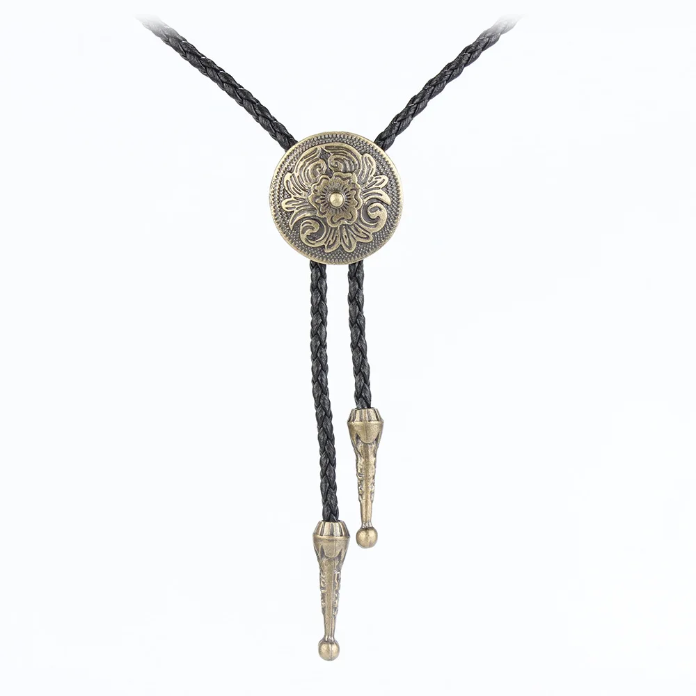 

Retro Fashion Bolo Tie Bowtie Round Alloy Carved Flower Long Necklace Trendy Denim Men's Jewelry Gift