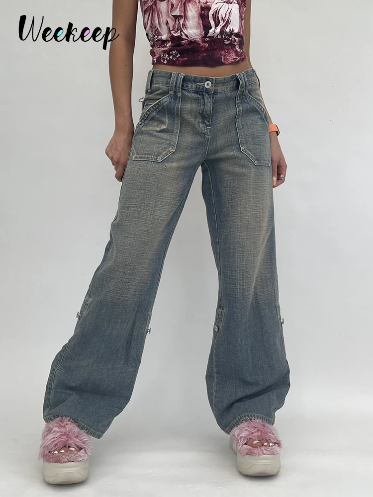 Weekeep Baggy Denim Mom Jeans Women High Waist Vintage Oversized Cargo Pants Casual Streetwear Harajuku Straight Leg Jeans Femme