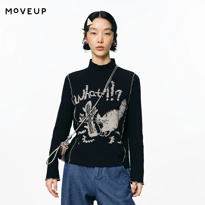 Фото Футболка MOVEUP с длинными рукавами и высоким воротником, осенняя повседневная трикотажная футболка с контрастными волнистыми швами и принтом кошки с надписью, для женщин 3EWQ10503 №1