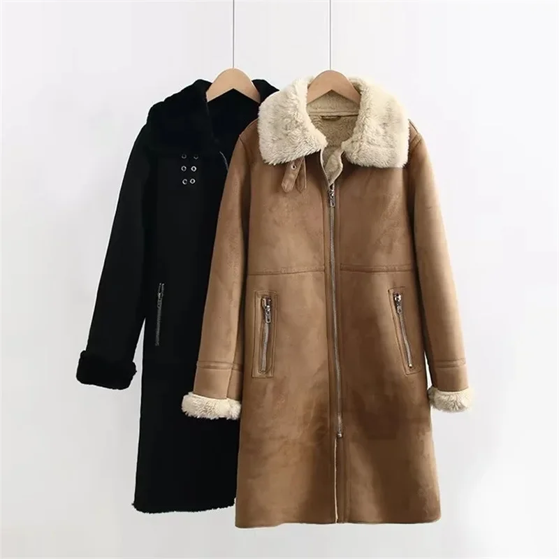 Warm Coat In Autumn and Winter Fashion Long Lapel Women's Coat Brushed Loose Skinny Imitation Fur Cotton Coat Zipper Top