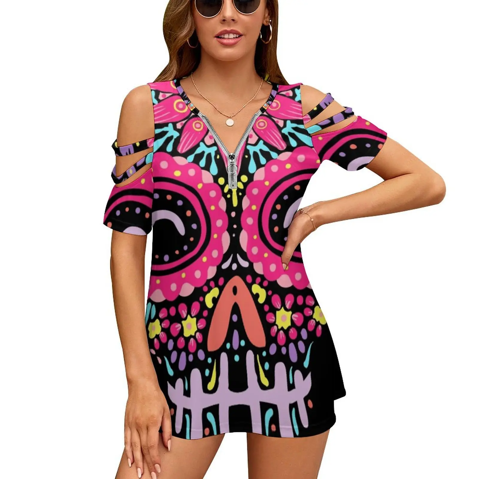 Женская рубашка с коротким рукавом, на молнии и открытыми плечами