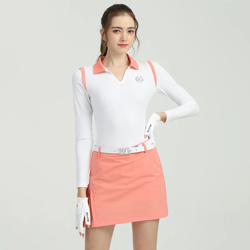 

Blktee New Golf Wear Women's Blouse Suncreen Long Sleeve T-shirt Slim Sports V-neck Golf Top Ladies High-end Short Skirt