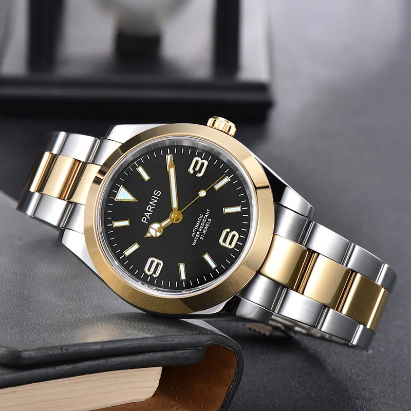 

Fashion Parnis 40mm Gold Mechanical Automatic Men Watch Sapphire Glass Stainless Steel Waterproof Men's Watches Top Brand Clock