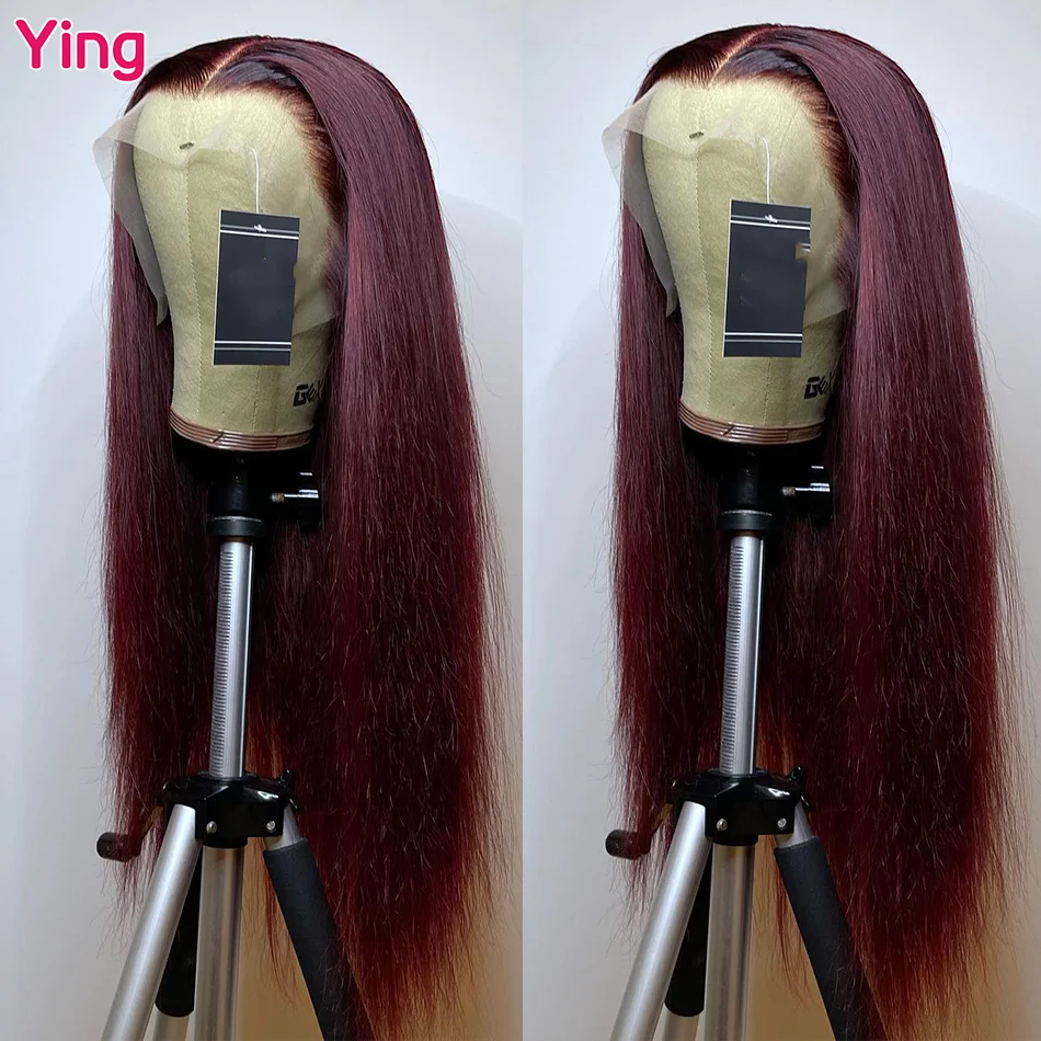 Ying Hair 200% Red Wine 13x4 Lace Front Wig Human Hair 10A Bone Straight 13x6 Lace Front Wig PrePlucked 5x5 Transparent Lace Wig