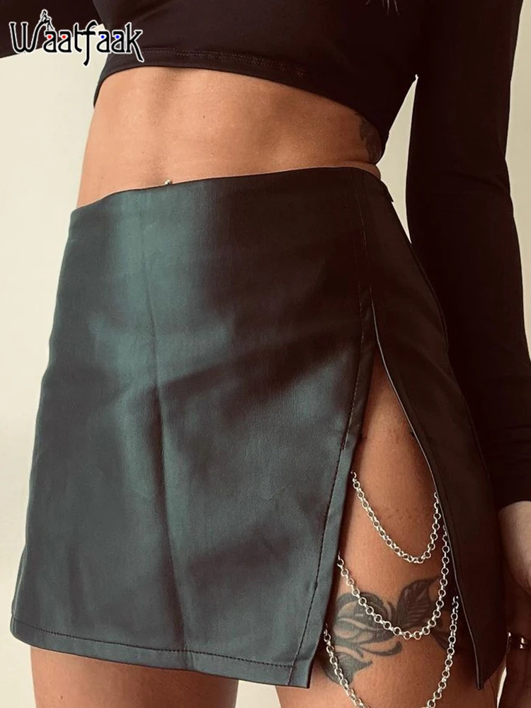 

Waatfaak Splice Chain Techwear Elegant Mini Skirt Black Vintage Chic Brown Hollow Out White Faux Leather Skirt Goth High Waisted