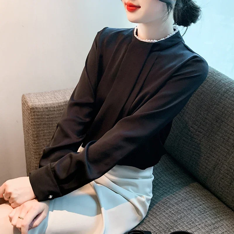 Новая модная шифоновая блузка с длинным рукавом и круглым вырезом рубашка