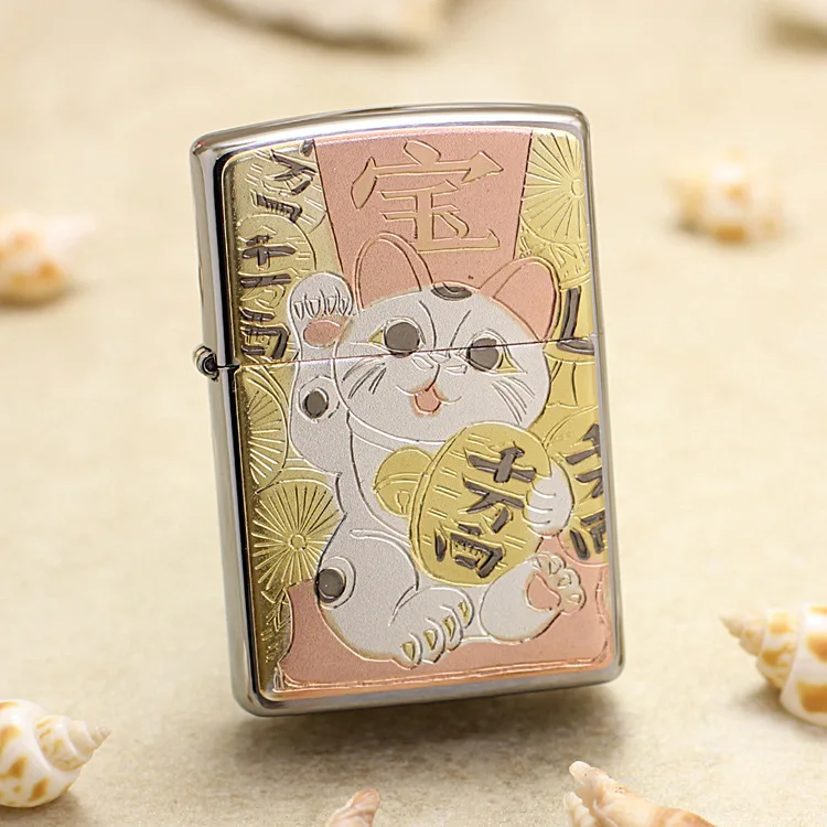 

Genuine Zippo Ukiyoe Fortune Cat oil lighter copper windproof cigarette Kerosene lighters Gift with anti-counterfeiting code