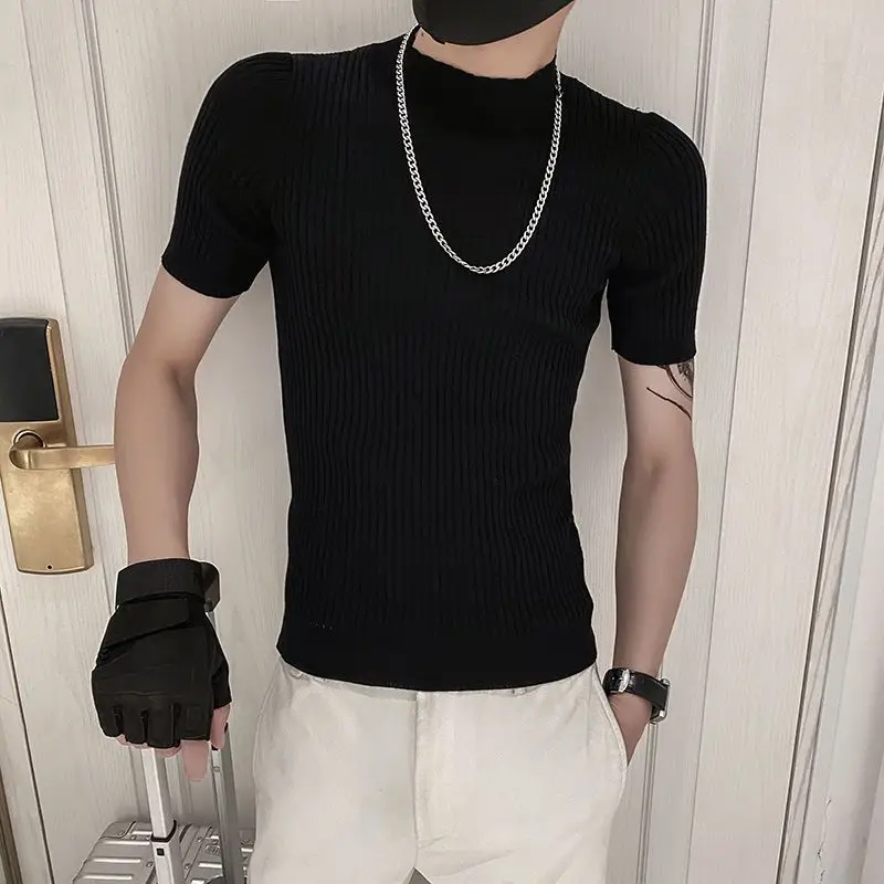 Spring Autumn New Short Sleeve Knitted Sweater Men Clothing Half High Neck Slim Sweater T-shirt Casual Stretch Homme Pullover