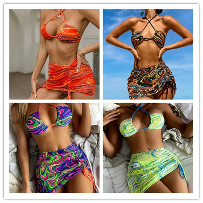 Swiming Suits Sexy Bikini Split Three-piece Printed Multi-color Bikini Women's Swimsuit Beach Vacation Swimwear Women