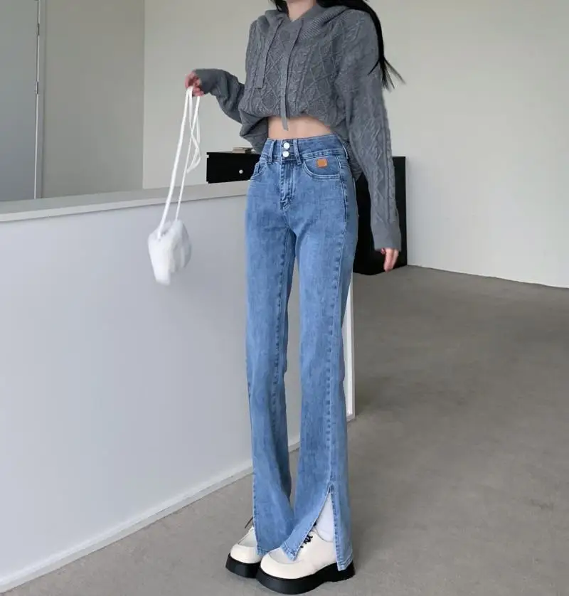 

Новые модные тонкие прямые джинсы с разрезом и высокой талией N5755