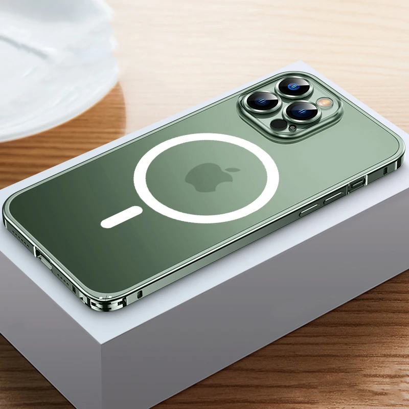 

Luxury Metal Frame Matte Case For iPhone 13 12 Pro Max Mini For Magsafe Cover For iPhone Wireless Charging Transparent Forosted
