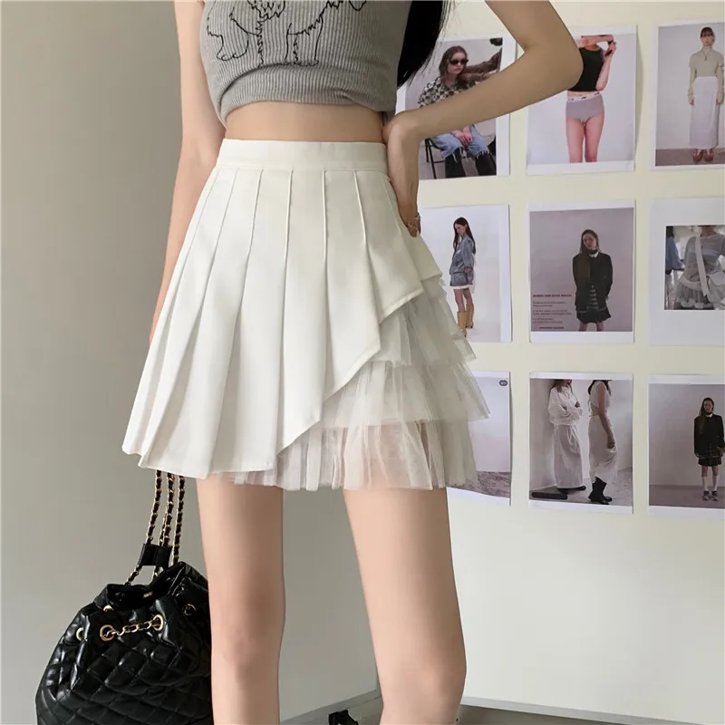 

Preppy Style High Waist Mesh Patchwork Pleated Skirt Women Summer Korean Fashion A-line JK Slim Short Skirts Streetwear faldas